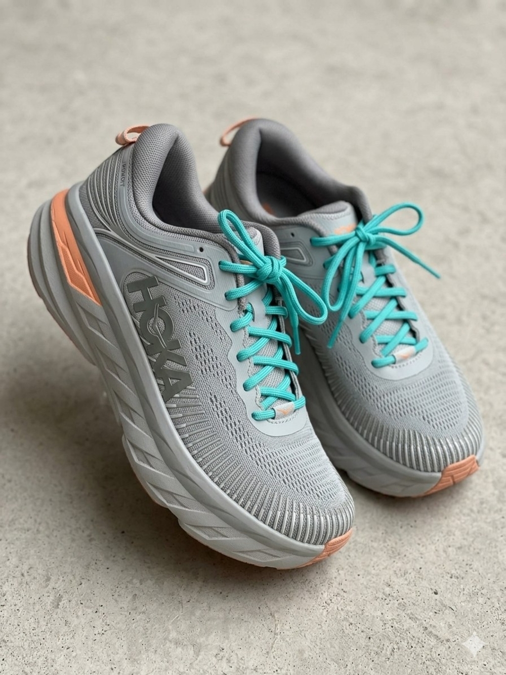 Hoka One One Light Gray Trainers with Teal Laces and Coral Accent Used, Very Goo - Picture 8 of 10